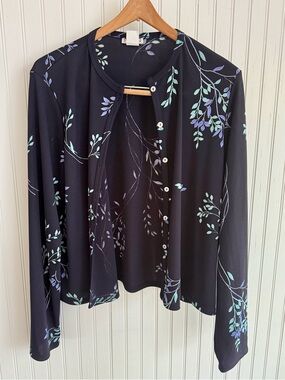 Allison Taylor Navy Floral Top with Lavender and Mint Leaf Motif - Made in USA